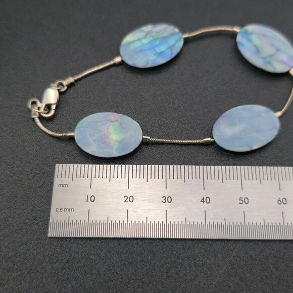 7.5 Inch Sterling Silver Oval Blue Shell Chain Bracelet A6883 - Picture 5 of 6